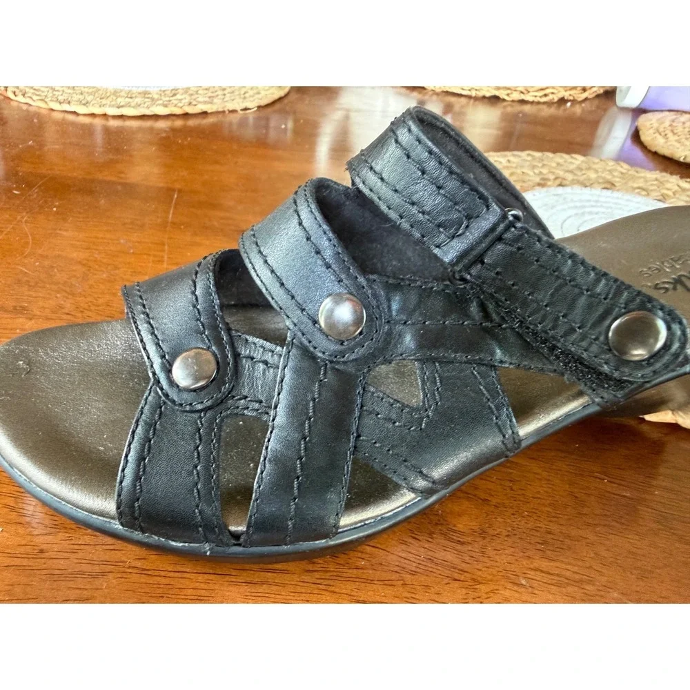 Clarks Bendables Black Leather Wedge Slide Sandals Womens 9.5‎ M comfort